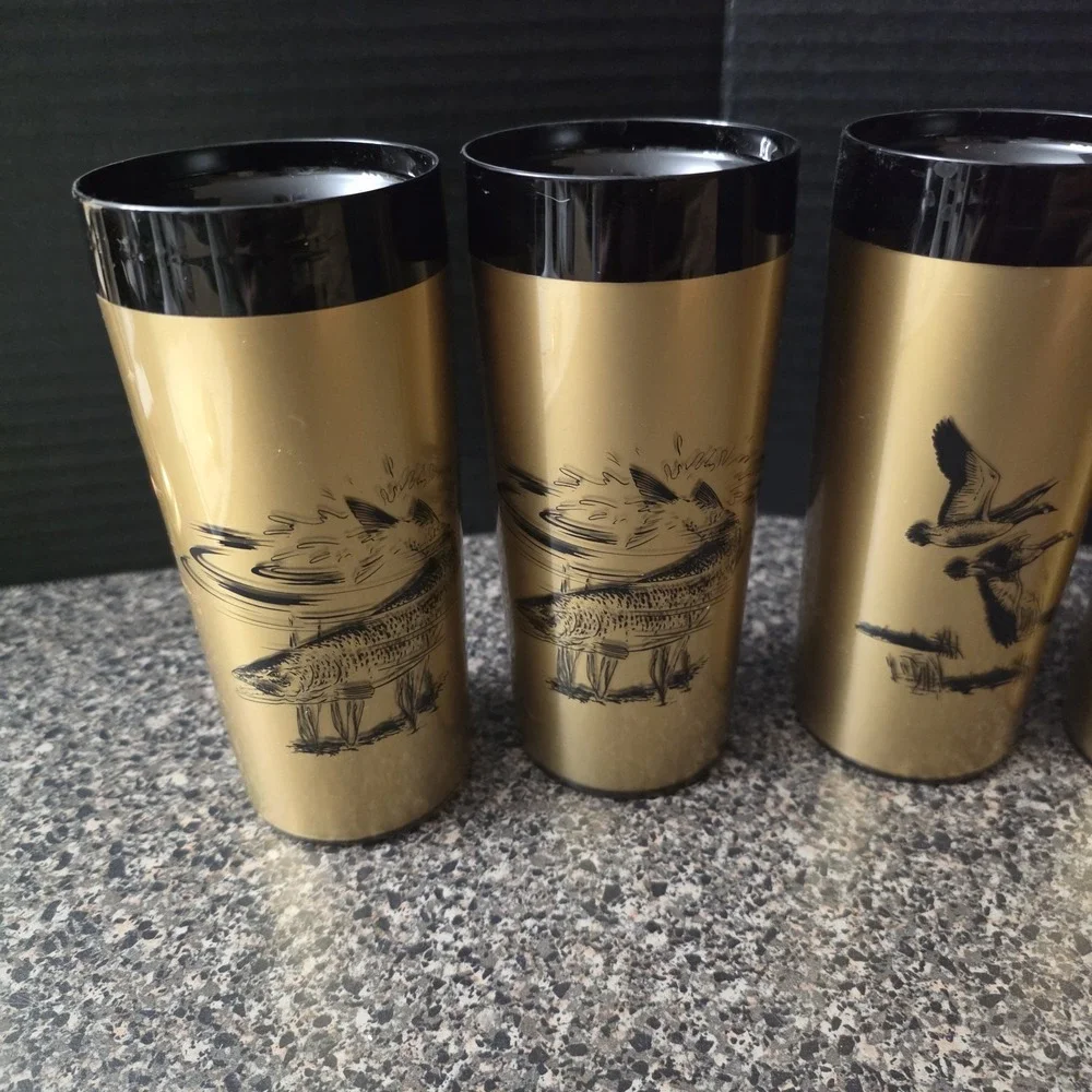 Vintage MCM NFC Gold Black Wildlife Insulated Tumblers Set‎ of 6 Made in USA